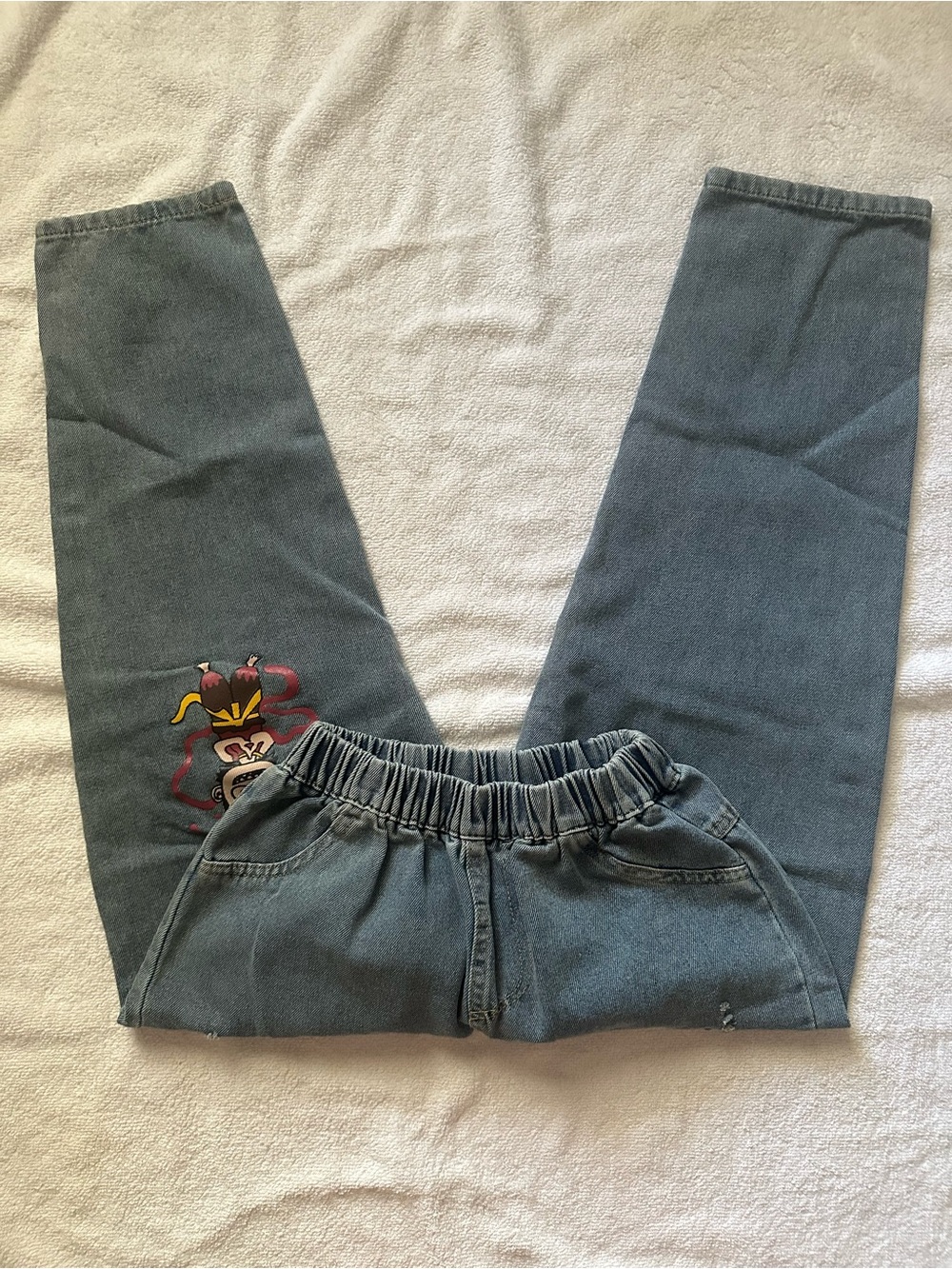 Blue Elastic-Waist Jeans with Nezha Design